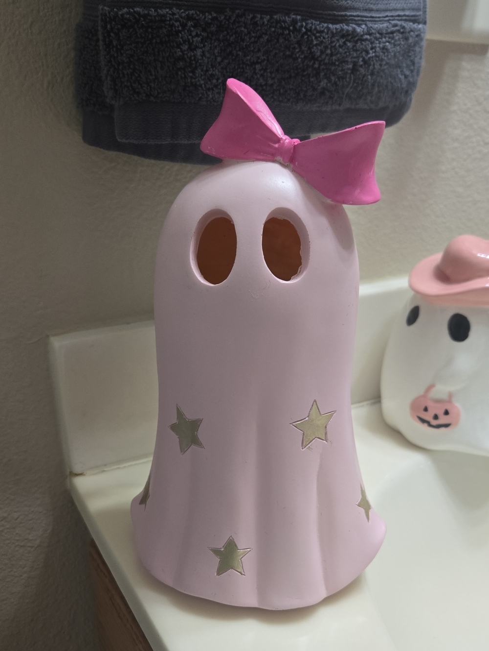 Pink Bow Ghost Holiday Figurine - Cute Pastel Holiday Decor